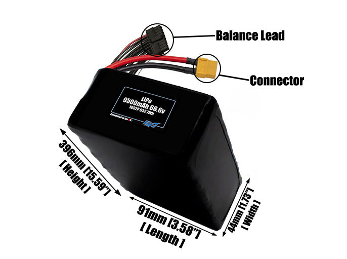 Size reference photo of the 9500mAh 66.6V LiPo pack showing 91 mm by 44 mm by 396 mm dimensions ideal for drones or large robotic systems where space matters.
