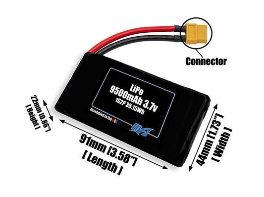 Size reference photo of the 9500mAh 3.7V LiPo pack showing 91 mm by 44 mm by 22 mm dimensions ideal for drones or large robotic systems where space matters.
