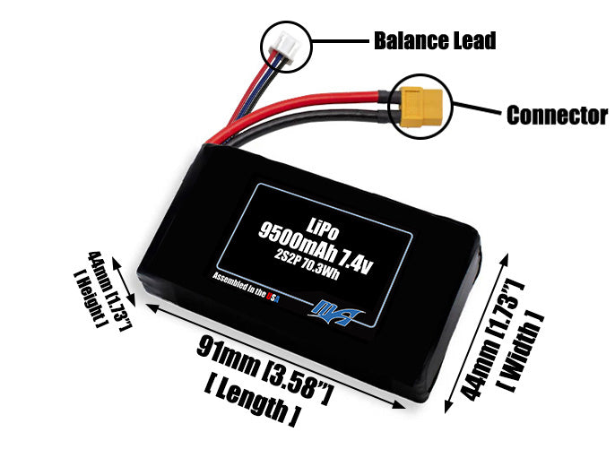Size reference photo of the 9500mAh 7.4V LiPo pack showing 91 mm by 44 mm by 44 mm dimensions ideal for drones or large robotic systems where space matters.