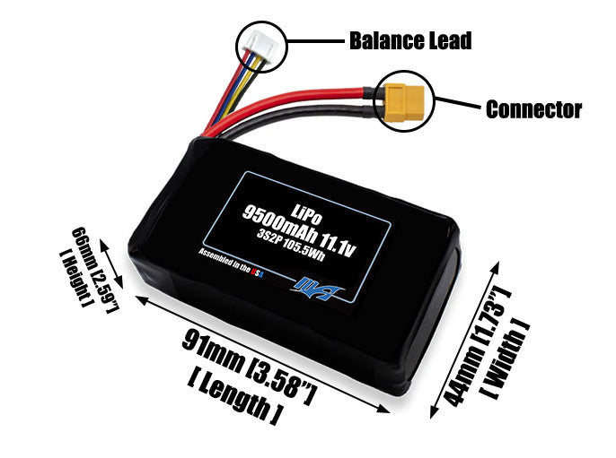 Size reference photo of the 9500mAh 11.1V LiPo pack showing 91 mm by 44 mm by 66 mm dimensions ideal for drones or large robotic systems where space matters.