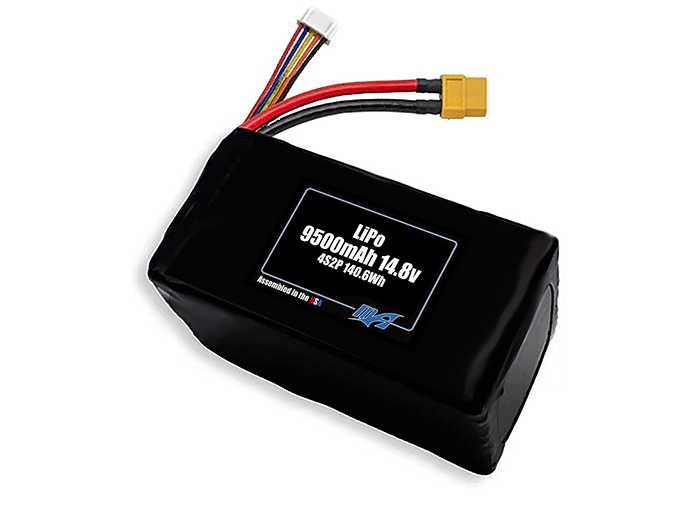 Compact 14.8-volt 9500mAh lithium-polymer battery, built for lightweight drone, UAV, and robotics projects.