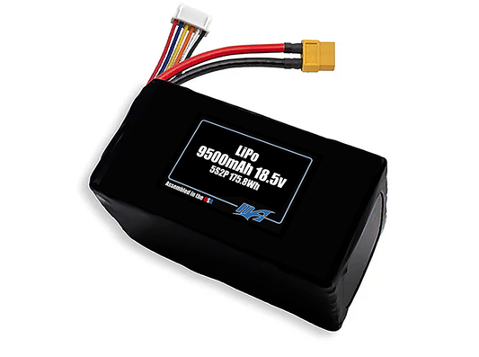 Compact 18.5-volt 9500mAh lithium-polymer battery, built for lightweight drone, UAV, and robotics projects.