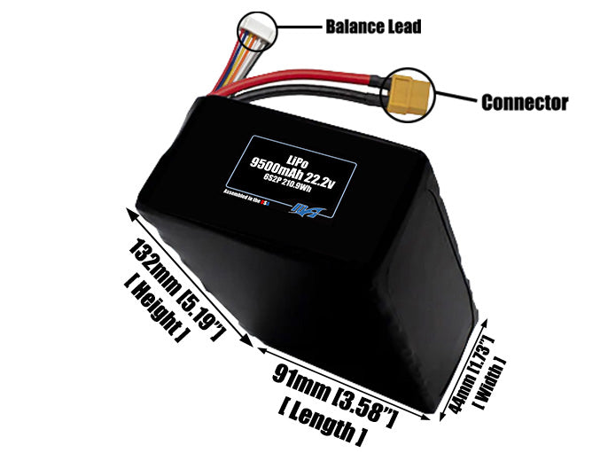 Size reference photo of the 9500mAh 22.2V LiPo pack showing 91 mm by 44 mm by 132 mm dimensions ideal for drones or large robotic systems where space matters.