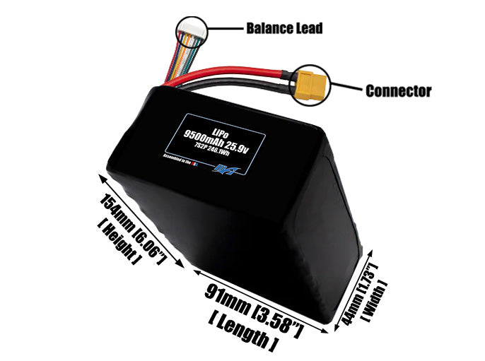 Size reference photo of the 9500mAh 25.9V LiPo pack showing 91 mm by 44 mm by 154 mm dimensions ideal for drones or large robotic systems where space matters.