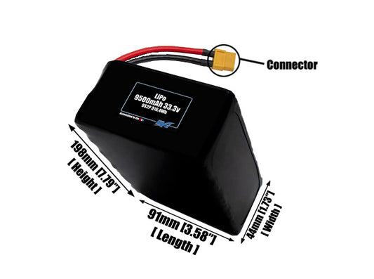Size reference photo of the 9500mAh 33.3V LiPo pack showing 91 mm by 44 mm by 198 mm dimensions ideal for drones or large robotic systems where space matters.