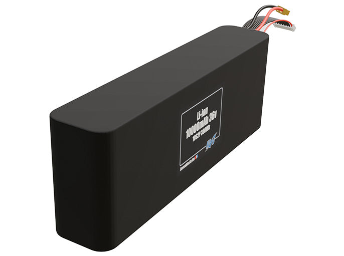 Rendered view of a slim 10000mAh Li-ion pack, used in small UAV and defense-grade robotics projects.