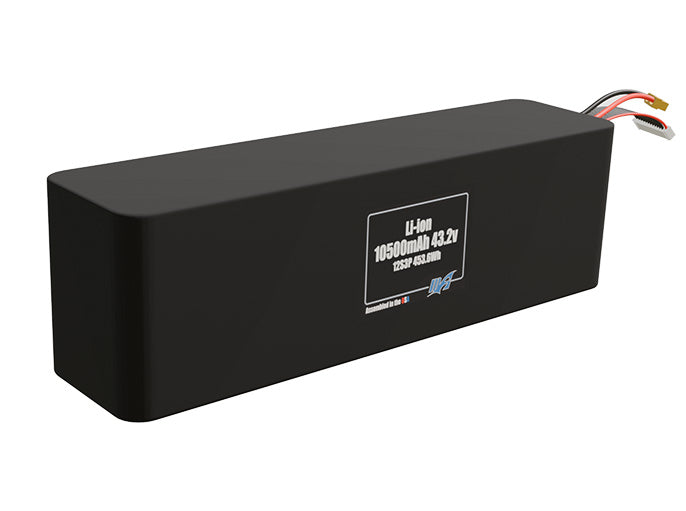 Rendered view of a slim 10500mAh Li-ion pack, used in UAV and defense-grade robotics projects.