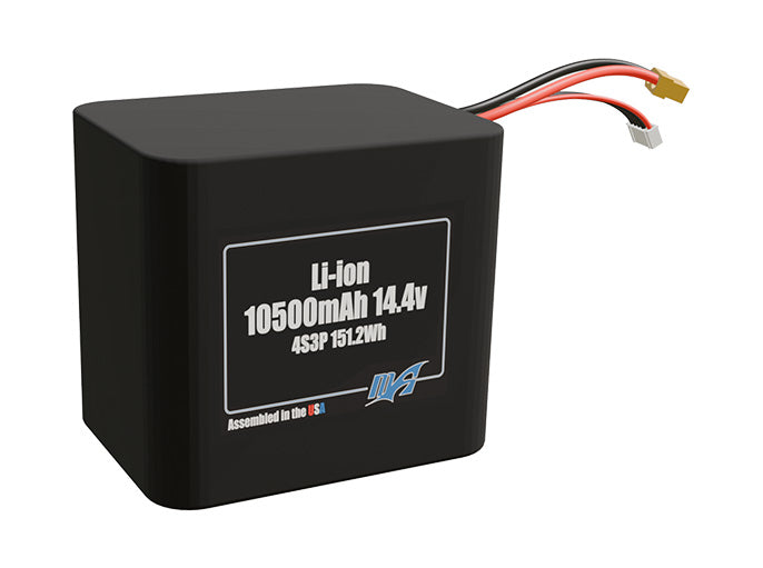 Rendered view of a slim 10500mAh Li-ion pack, used in UAV and defense-grade robotics projects.