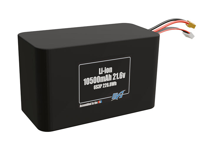 Rendered view of a slim 10500mAh Li-ion pack, used in UAV and defense-grade robotics projects.