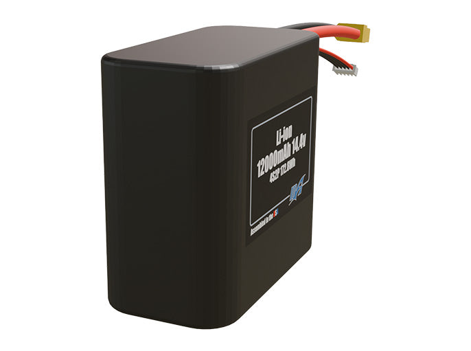 Rendered view of a slim 12000mAh Li-ion pack, used in UAV and defense-grade robotics projects.