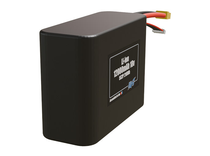 Rendered view of a slim 12000mAh Li-ion pack, used in UAV and defense-grade robotics projects.