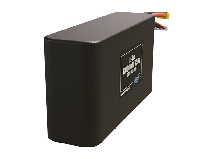 Rendered view of a slim 12000mAh Li-ion pack, used in UAV and defense-grade robotics projects.