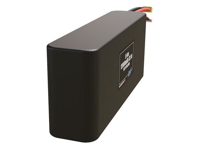 Rendered view of a slim 12000mAh Li-ion pack, used in UAV and defense-grade robotics projects.