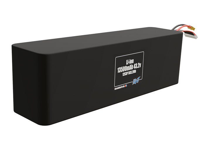 Rendered view of a slim 13500mAh Lithium-Ion pack, used in UAV and defense-grade robotics projects.