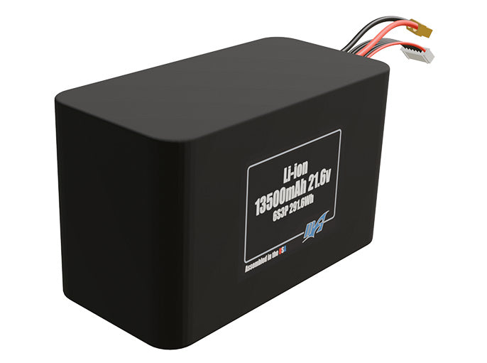 Rendered view of a slim 13500mAh Lithium-Ion pack, used in UAV and defense-grade robotics projects.