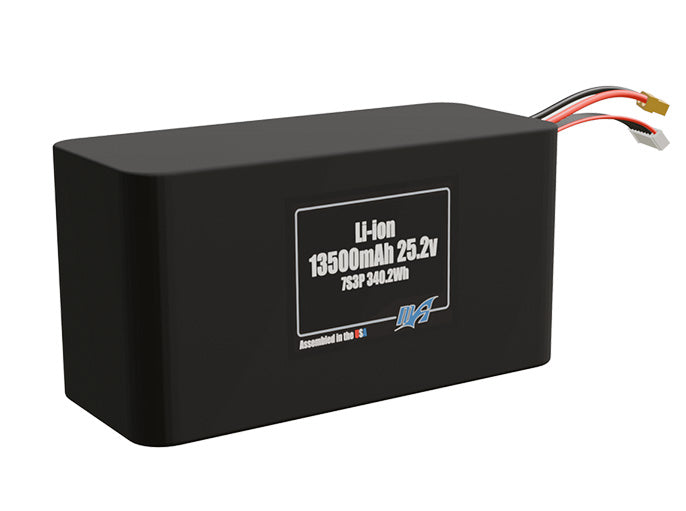 Rendered view of a slim 13500mAh Lithium-Ion pack, used in UAV and defense-grade robotics projects.