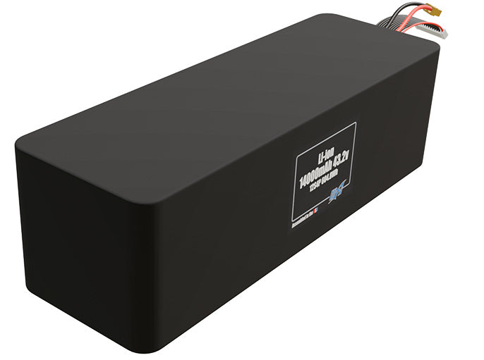Rendered view of a slim 14000mAh Lithium-Ion pack, used in UAV and defense-grade robotics projects.
