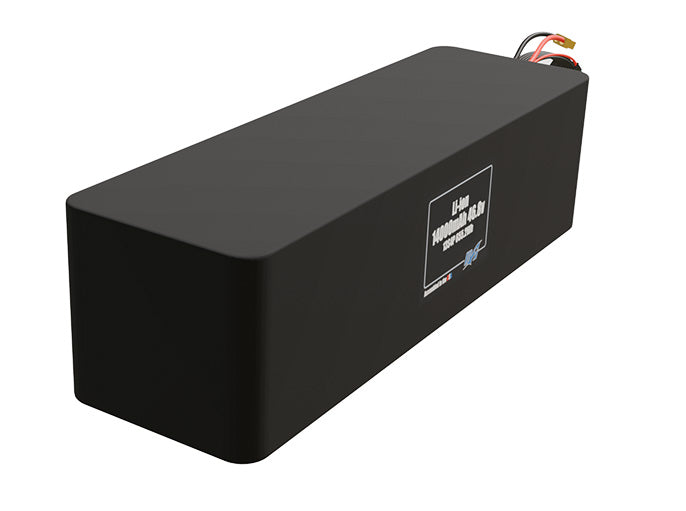 Rendered view of a slim 14000mAh Lithium-Ion pack, used in UAV and defense-grade robotics projects.