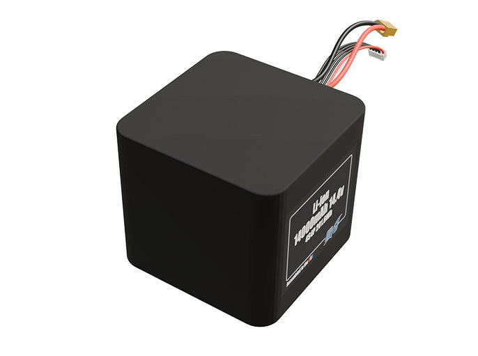 Rendered view of a slim 14000mAh Lithium-Ion pack, used in UAV and defense-grade robotics projects.