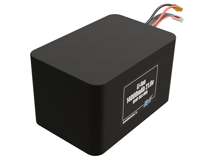 Rendered view of a slim 14000mAh Lithium-Ion pack, used in UAV and defense-grade robotics projects.