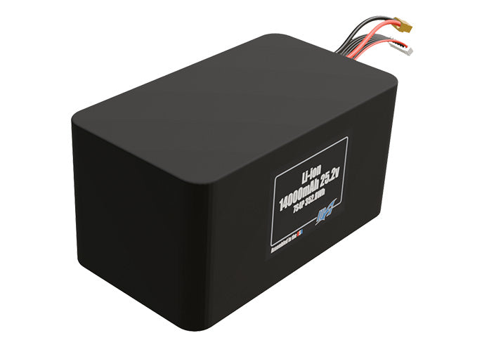 Rendered view of a slim 14000mAh Lithium-Ion pack, used in UAV and defense-grade robotics projects.