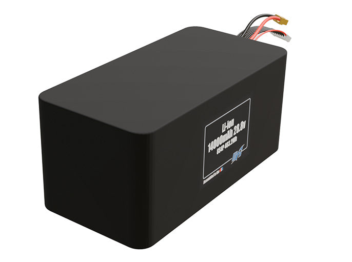 Rendered view of a slim 14000mAh Lithium-Ion pack, used in UAV and defense-grade robotics projects.