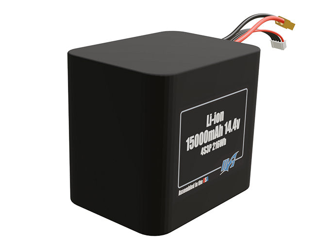 Rendered view of a slim 15000mAh Lithium-Ion pack, used in UAV and defense-grade robotics projects.