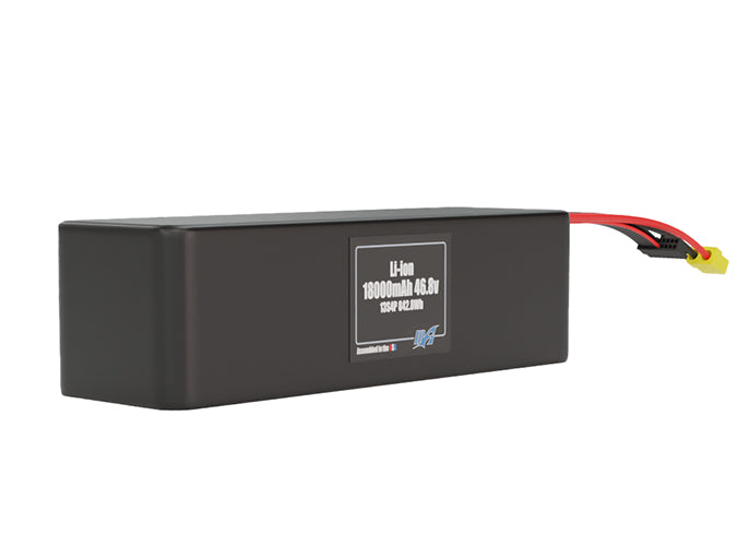 Rendered view of a slim 18000mAh Lithium-Ion pack, used in large UAV and defense-grade robotics projects.