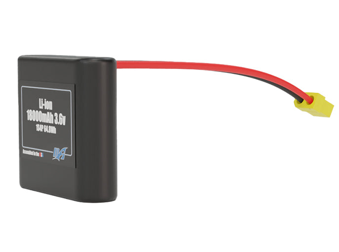 Rendered view of a slim 18000mAh Lithium-Ion pack, used in large UAV and defense-grade robotics projects.