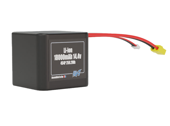 Rendered view of a slim 18000mAh Lithium-Ion pack, used in large UAV and defense-grade robotics projects.