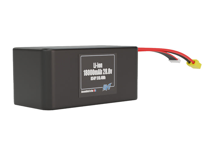 Rendered view of a slim 18000mAh Lithium-Ion pack, used in large UAV and defense-grade robotics projects.