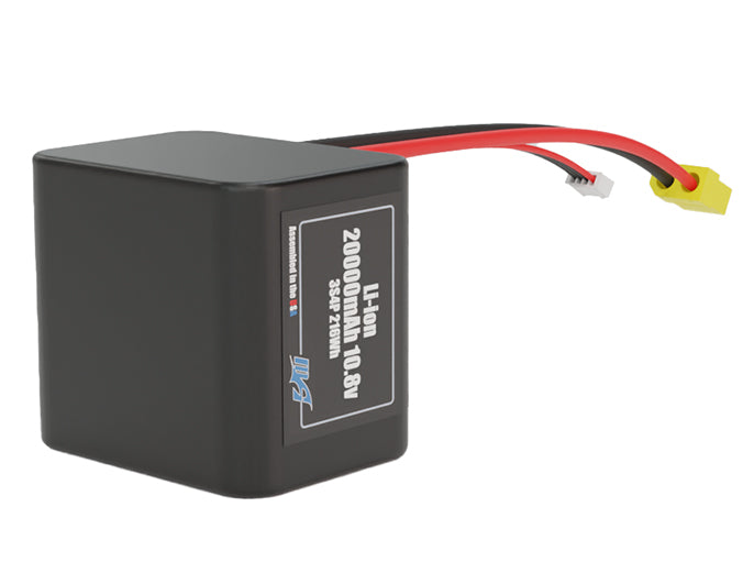 Rendered view of a slim 20000mAh Lithium-Ion pack, used in large UAV and defense-grade robotics projects.