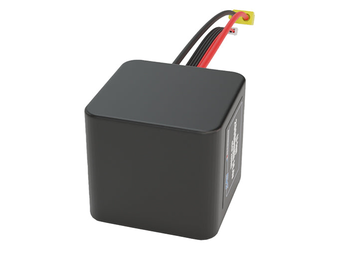 Rendered view of a slim 20000mAh Lithium-Ion pack, used in large UAV and defense-grade robotics projects.