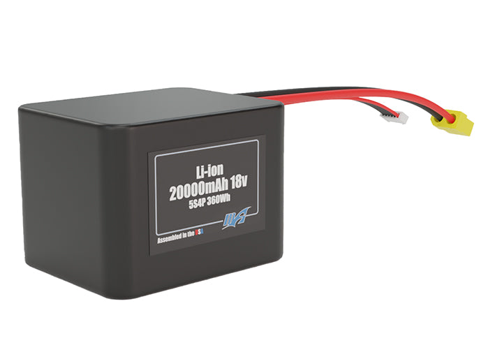 Rendered view of a slim 20000mAh Lithium-Ion pack, used in large UAV and defense-grade robotics projects.