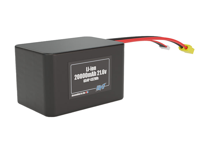 Rendered view of a slim 20000mAh Lithium-Ion pack, used in large UAV and defense-grade robotics projects.