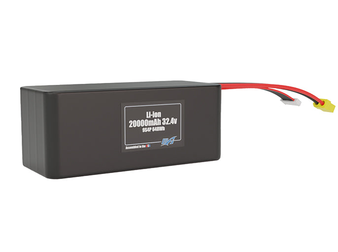 Rendered view of a slim 20000mAh Lithium-Ion pack, used in large UAV and defense-grade robotics projects.