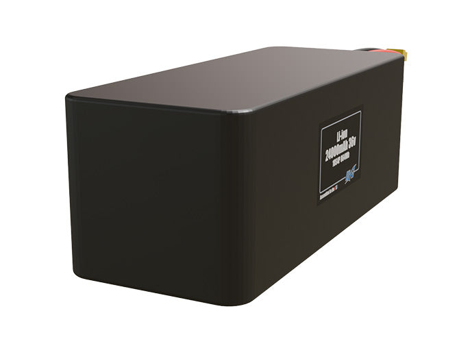 Rendered view of a slim 24000mAh Lithium-Ion pack, used in large UAV and defense-grade robotics projects.