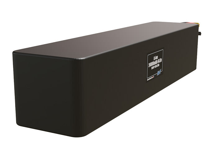 Rendered view of a slim 24000mAh Lithium-Ion pack, used in large UAV and defense-grade robotics projects.