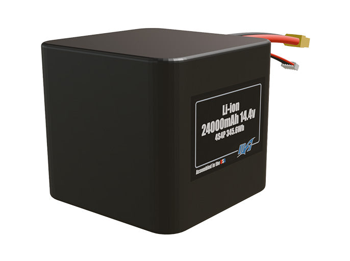 Rendered view of a slim 24000mAh Lithium-Ion pack, used in large UAV and defense-grade robotics projects.