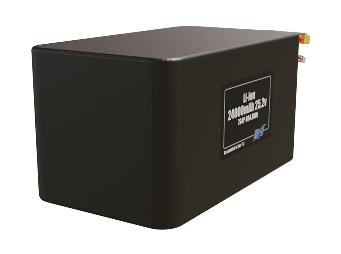 Rendered view of a slim 24000mAh Lithium-Ion pack, used in large UAV and defense-grade robotics projects.