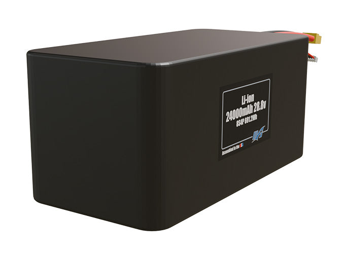 Rendered view of a slim 24000mAh Lithium-Ion pack, used in large UAV and defense-grade robotics projects.