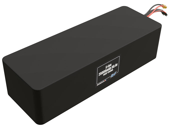 Rendered view of a slim 25000mAh Lithium-Ion pack, used in large UAV and defense-grade robotics projects.