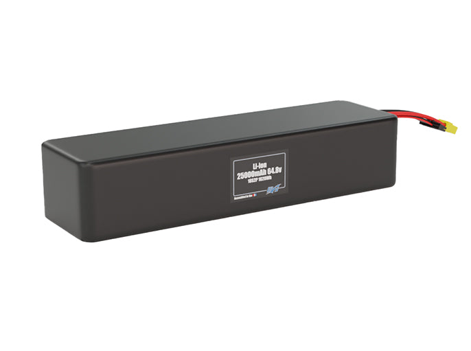 Rendered view of a slim 25000mAh Lithium-Ion pack, used in large UAV and defense-grade robotics projects.