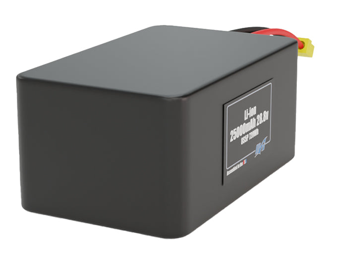 Rendered view of a slim 25000mAh Lithium-Ion pack, used in large UAV and defense-grade robotics projects.