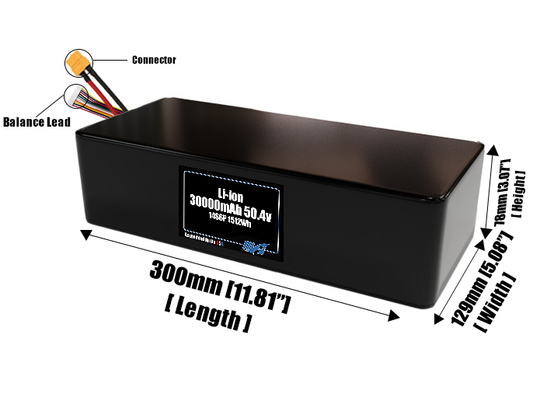 Size reference photo of the 30000mAh 50.4V lithium ion pack showing 300 mm by 129 mm by 78 mm dimensions ideal for drones or large robotic systems where space matters.