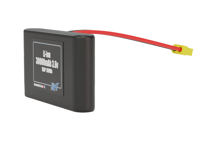 Rendered view of a slim 30000mAh Lithium-Ion pack, used in large UAV and defense-grade robotics projects.
