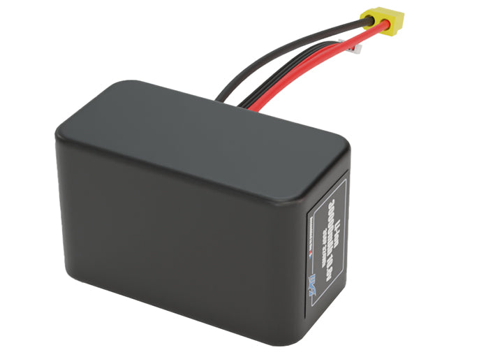 Rendered view of a slim 30000mAh Lithium-Ion pack, used in large UAV and defense-grade robotics projects.