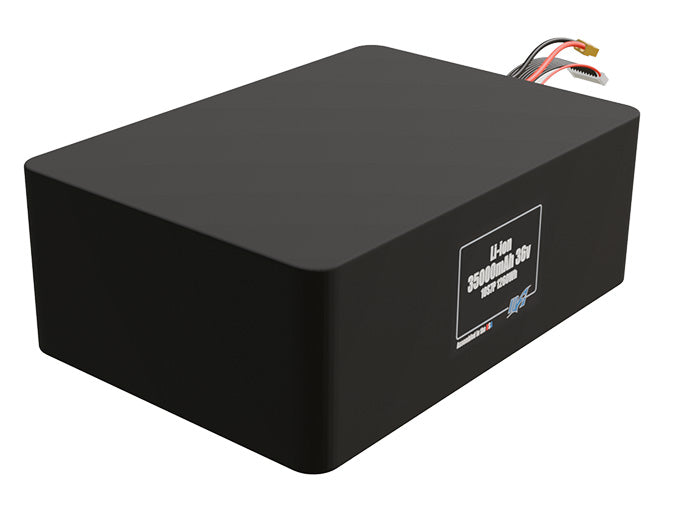 Rendered view of a slim 35000mAh Lithium-Ion pack, used in large UAV and defense-grade robotics projects.