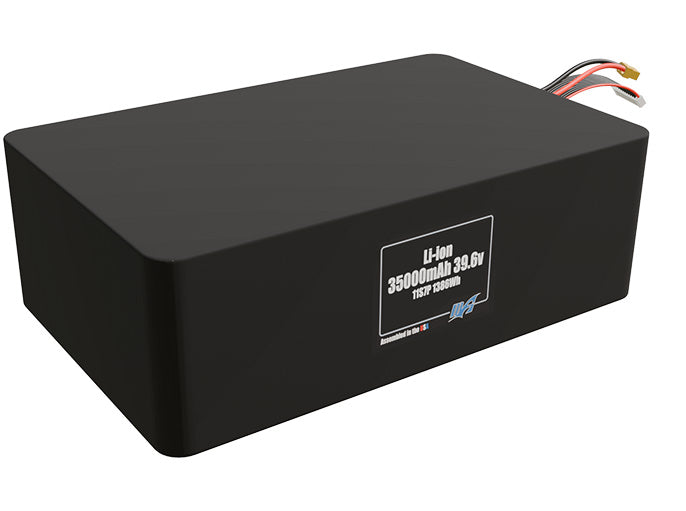 Rendered view of a slim 35000mAh Lithium-Ion pack, used in large UAV and defense-grade robotics projects.
