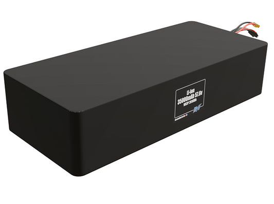 Rendered view of a slim 35000mAh Lithium-Ion pack, used in large UAV and defense-grade robotics projects.
